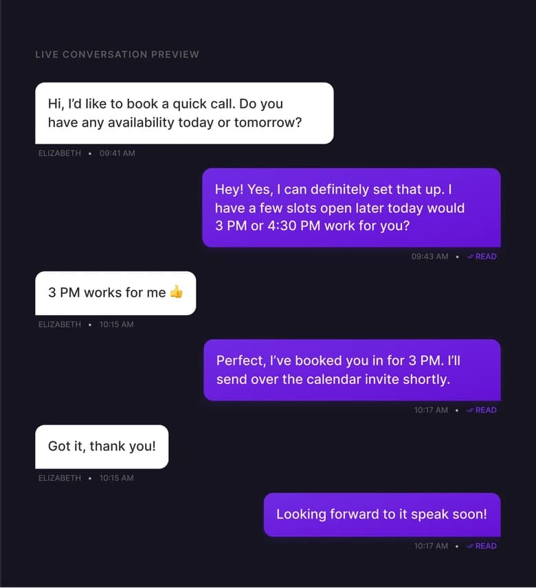 A two-way SMS conversation in VoiceDrop: a lead books a 3 PM call over text