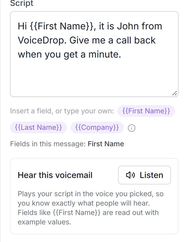 The VoiceDrop step settings panel, showing a voicemail script with a First Name merge field and the list of fields used in that message.