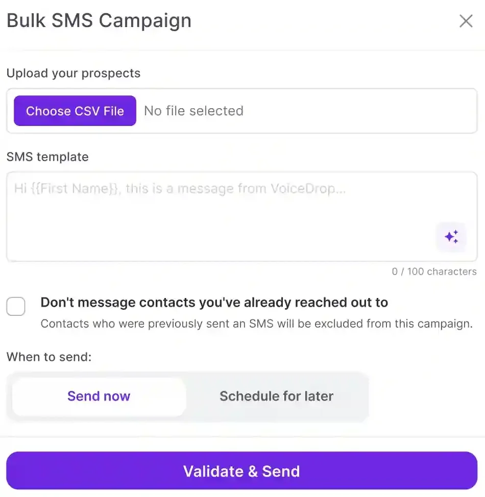 VoiceDrop's Bulk SMS Campaign form: upload a CSV, write the text, skip people already texted, send now or schedule it