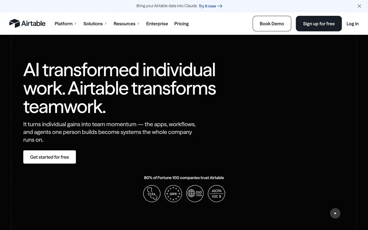 The Airtable homepage at www.airtable.com