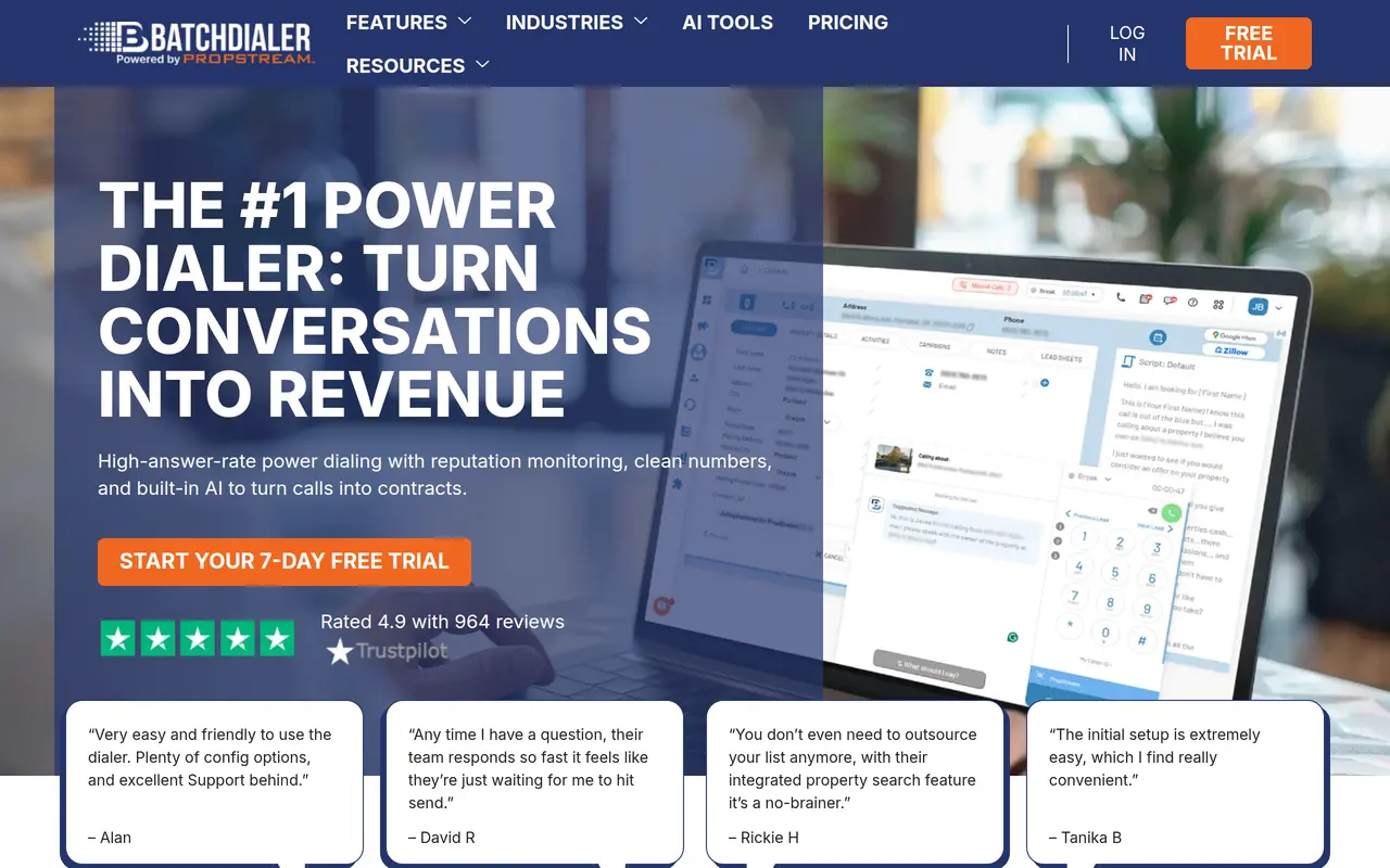 The BatchDialer homepage at batchdialer.com