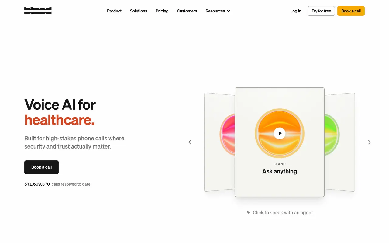 The Bland AI homepage at www.bland.ai
