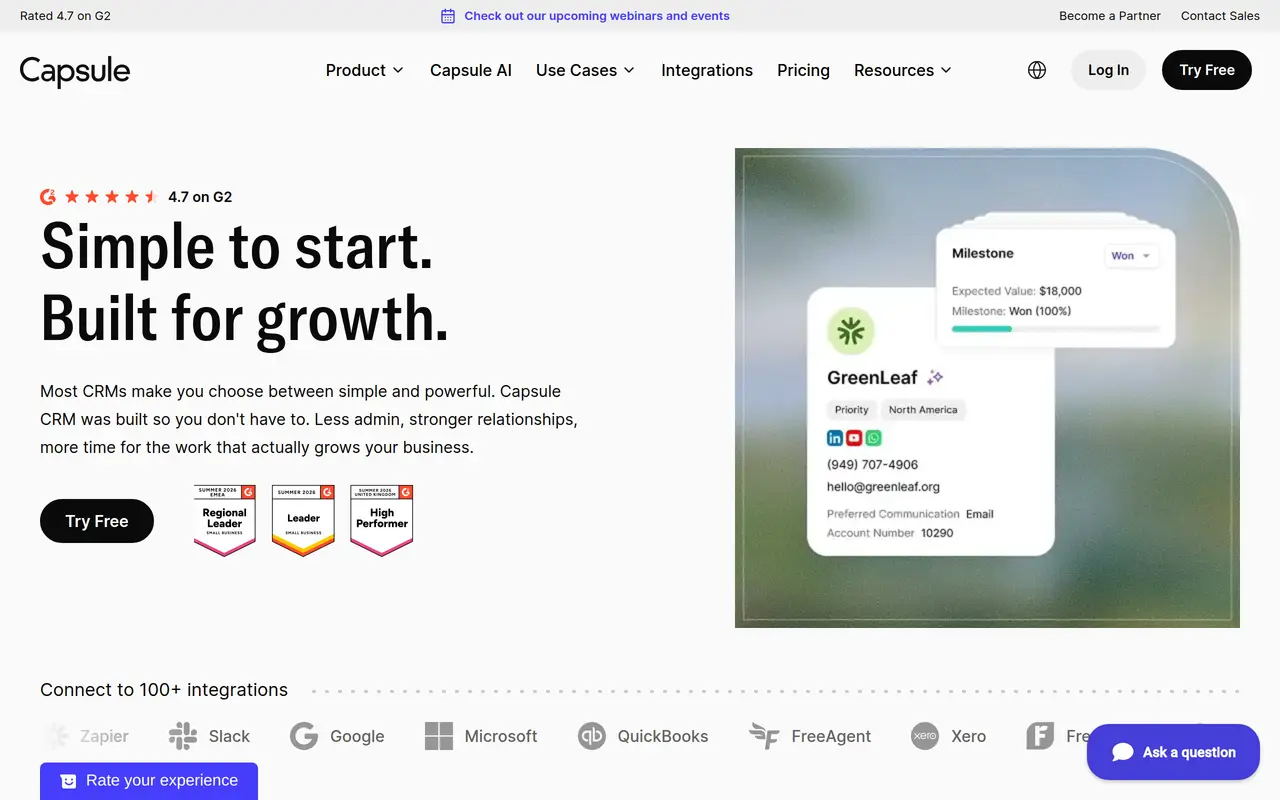The Capsule homepage at capsulecrm.com