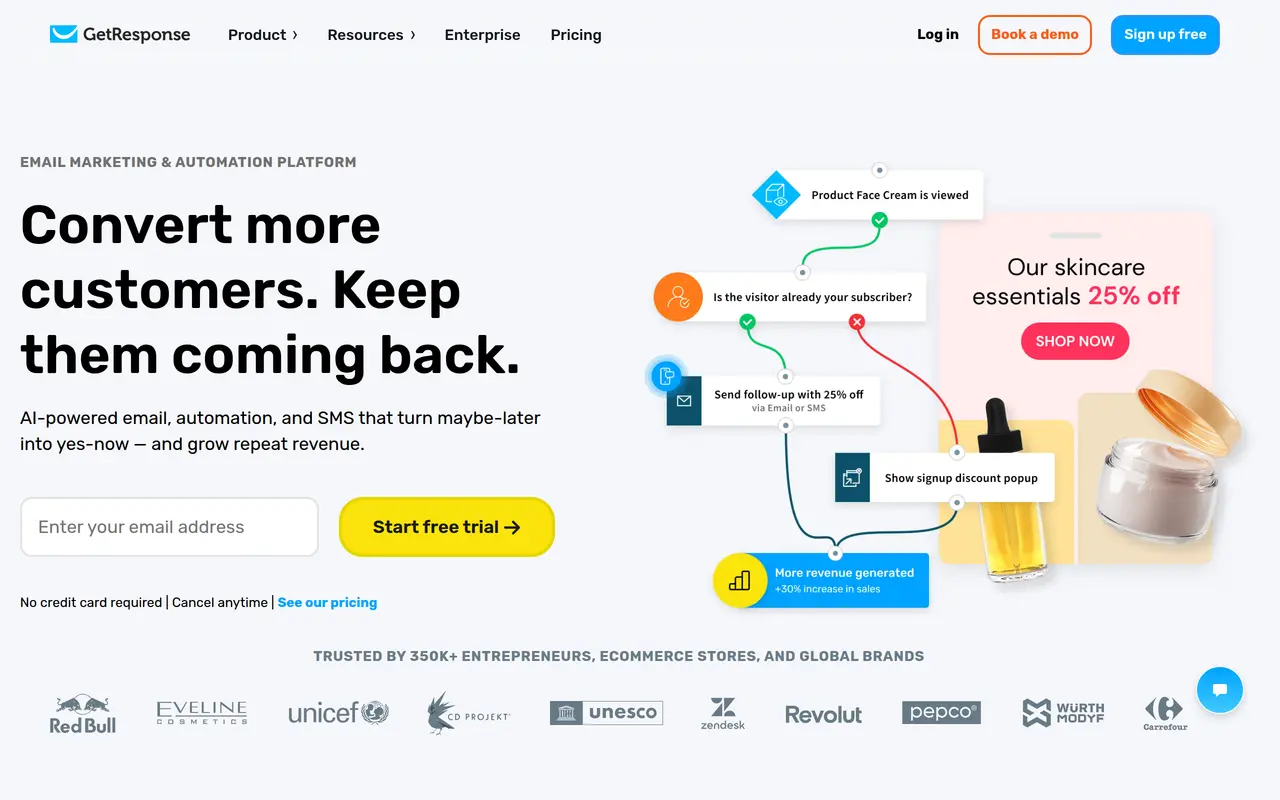 The GetResponse homepage at www.getresponse.com