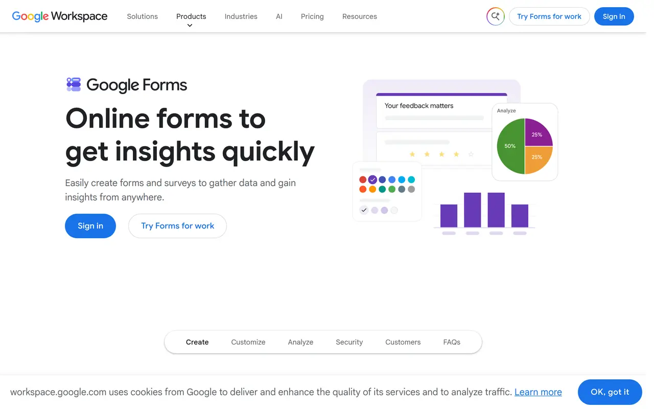 The Google Forms homepage at workspace.google.com