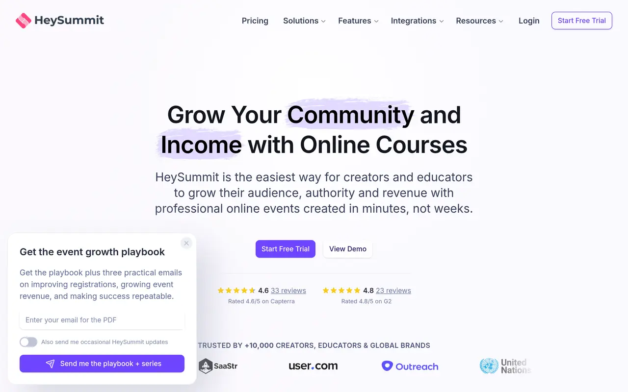 The HeySummit homepage at heysummit.com