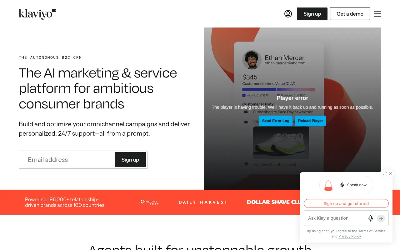 The Klaviyo homepage at www.klaviyo.com