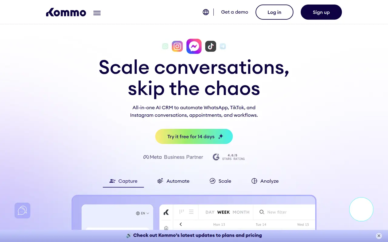 The Kommo homepage at www.kommo.com