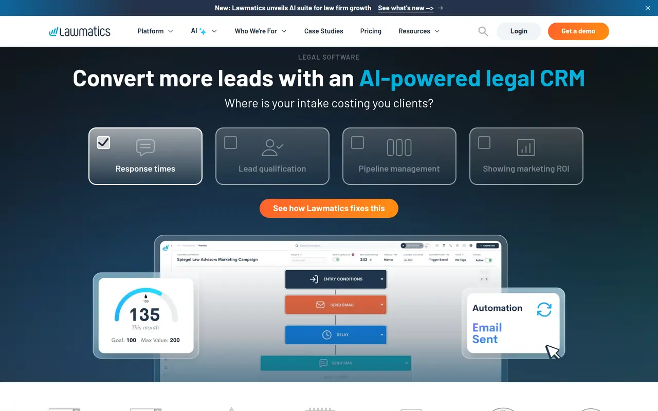 The Lawmatics homepage at www.lawmatics.com