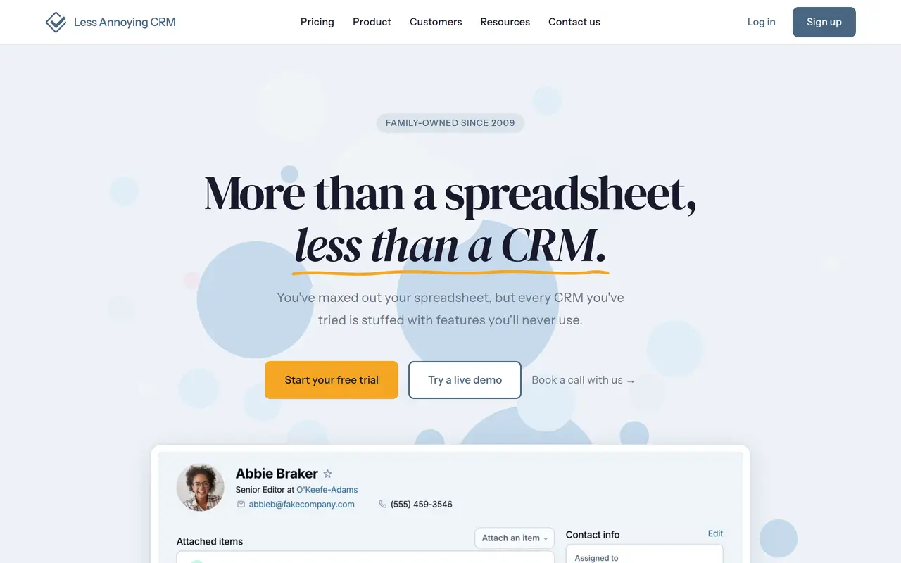 The Less Annoying CRM homepage at www.lessannoyingcrm.com