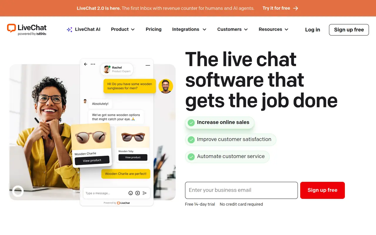 The LiveChat homepage at www.livechat.com