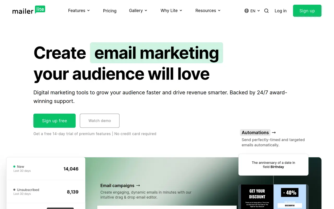 The MailerLite homepage at www.mailerlite.com