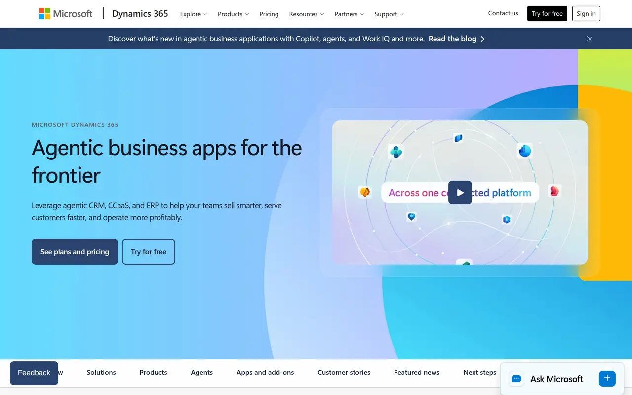 The Microsoft Dynamics 365 homepage at www.microsoft.com