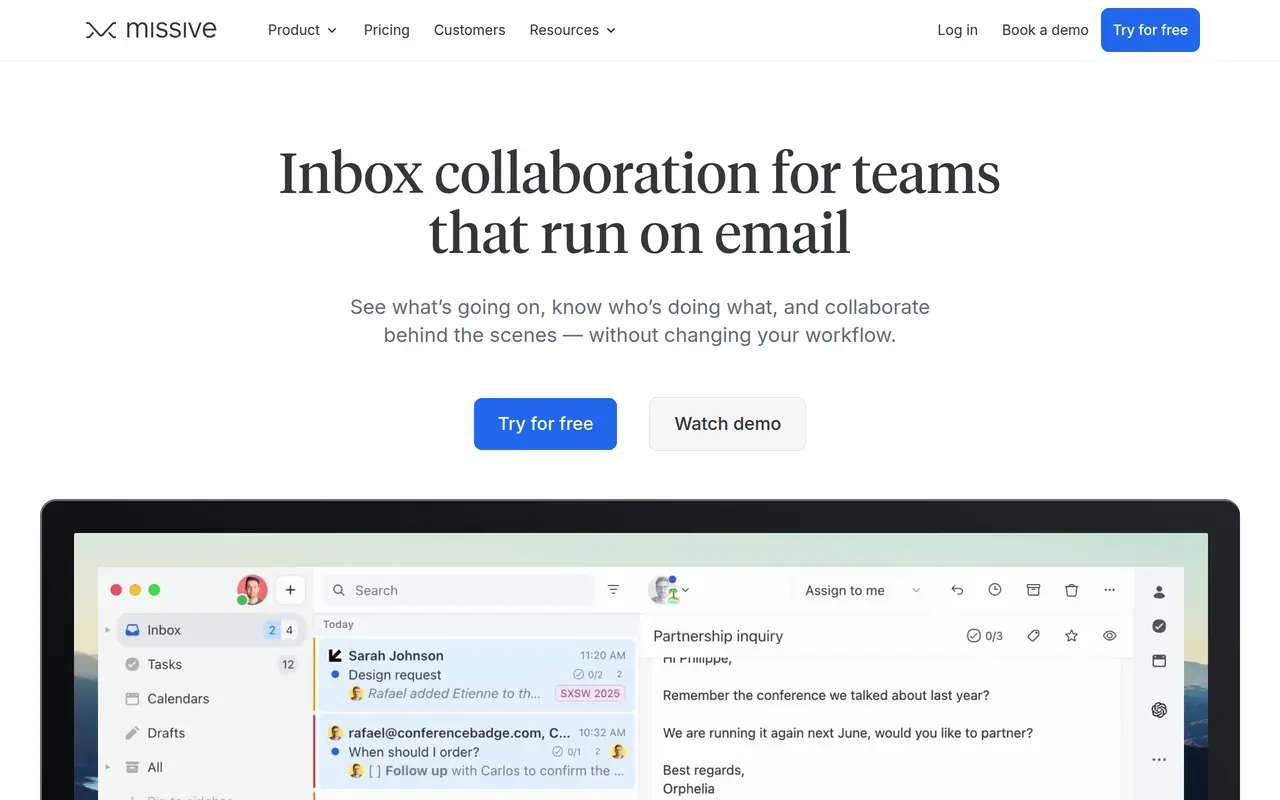 The Missive homepage at missiveapp.com