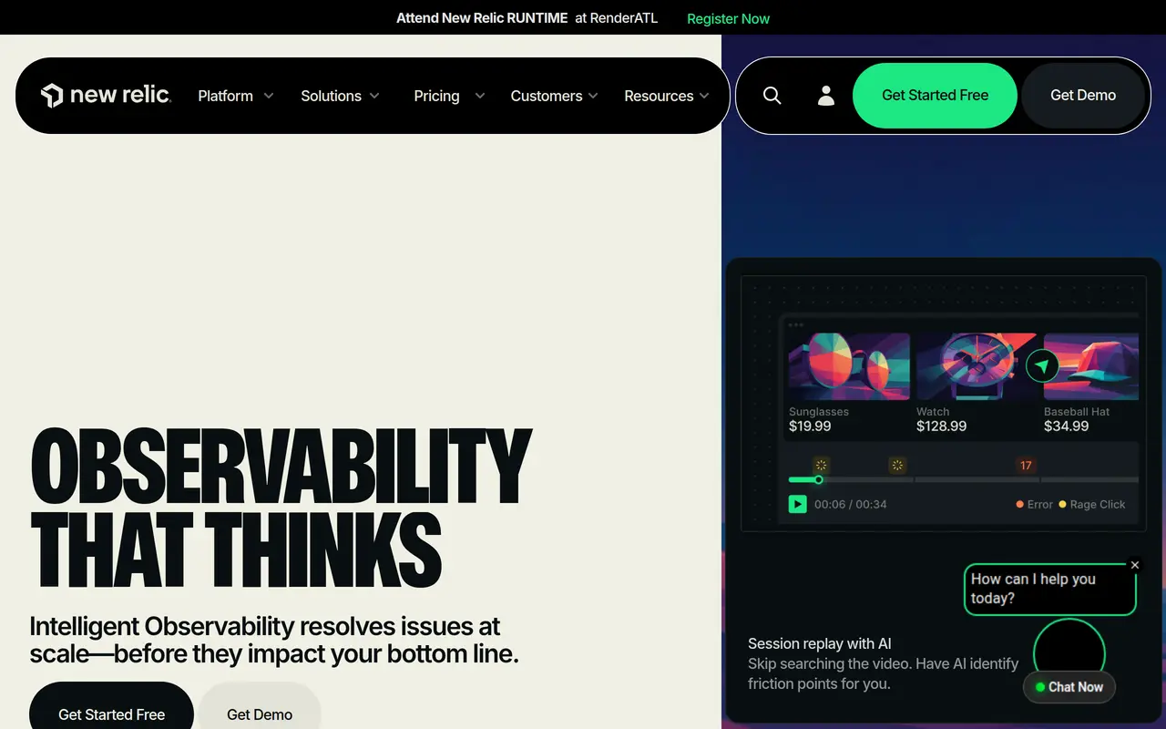 The New Relic homepage at newrelic.com