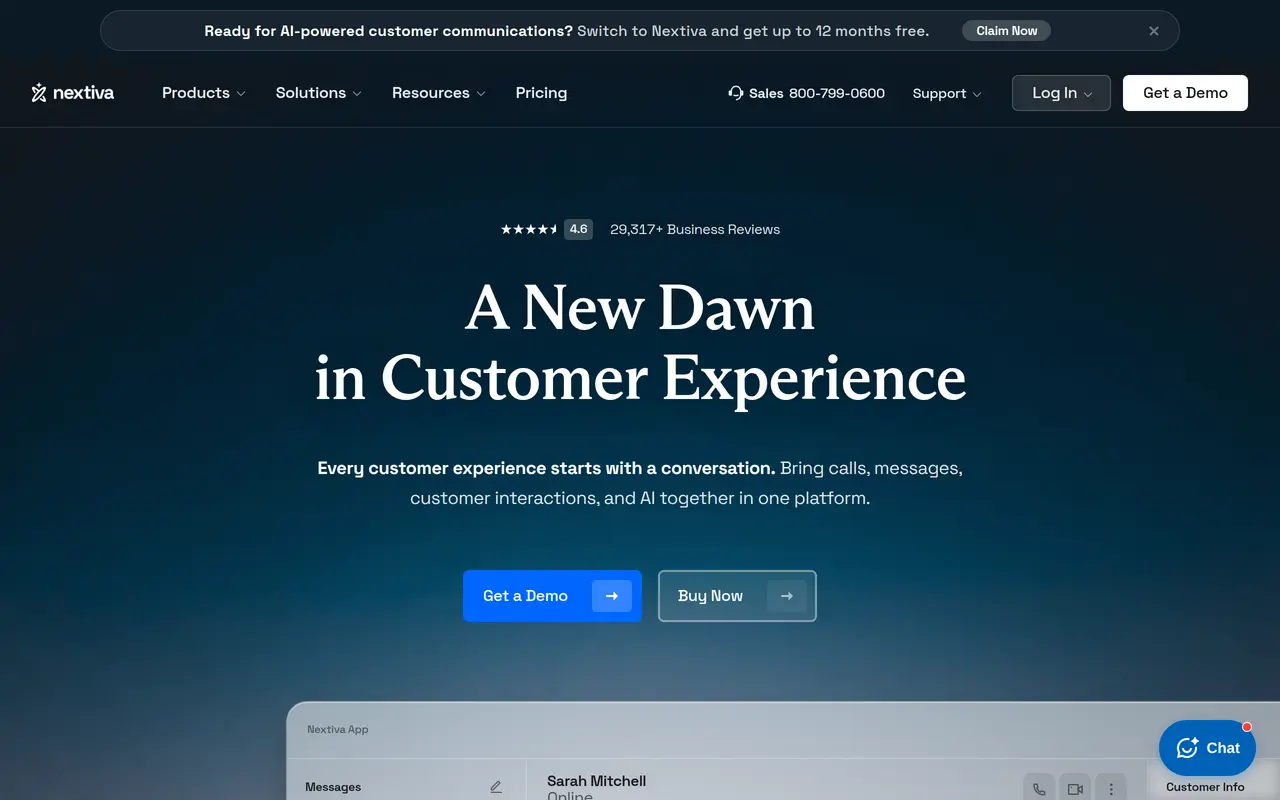 The Nextiva homepage at www.nextiva.com