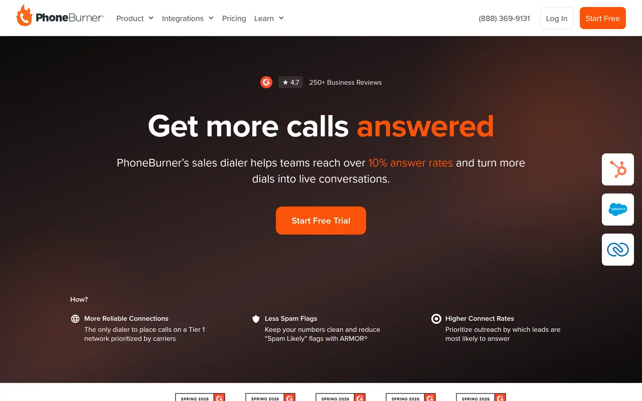 The PhoneBurner homepage at www.phoneburner.com