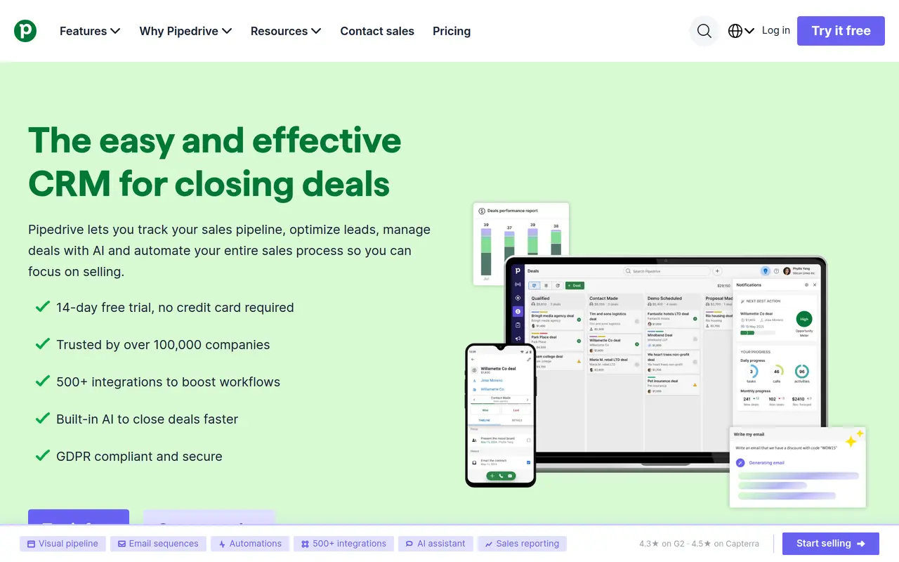 The Pipedrive homepage at www.pipedrive.com
