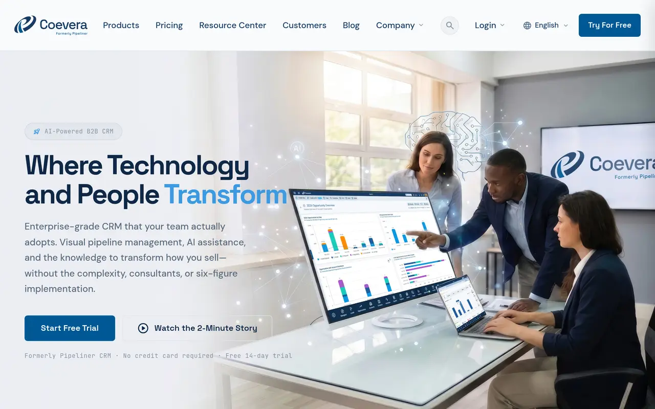 The Pipeliner CRM homepage at www.coevera.com
