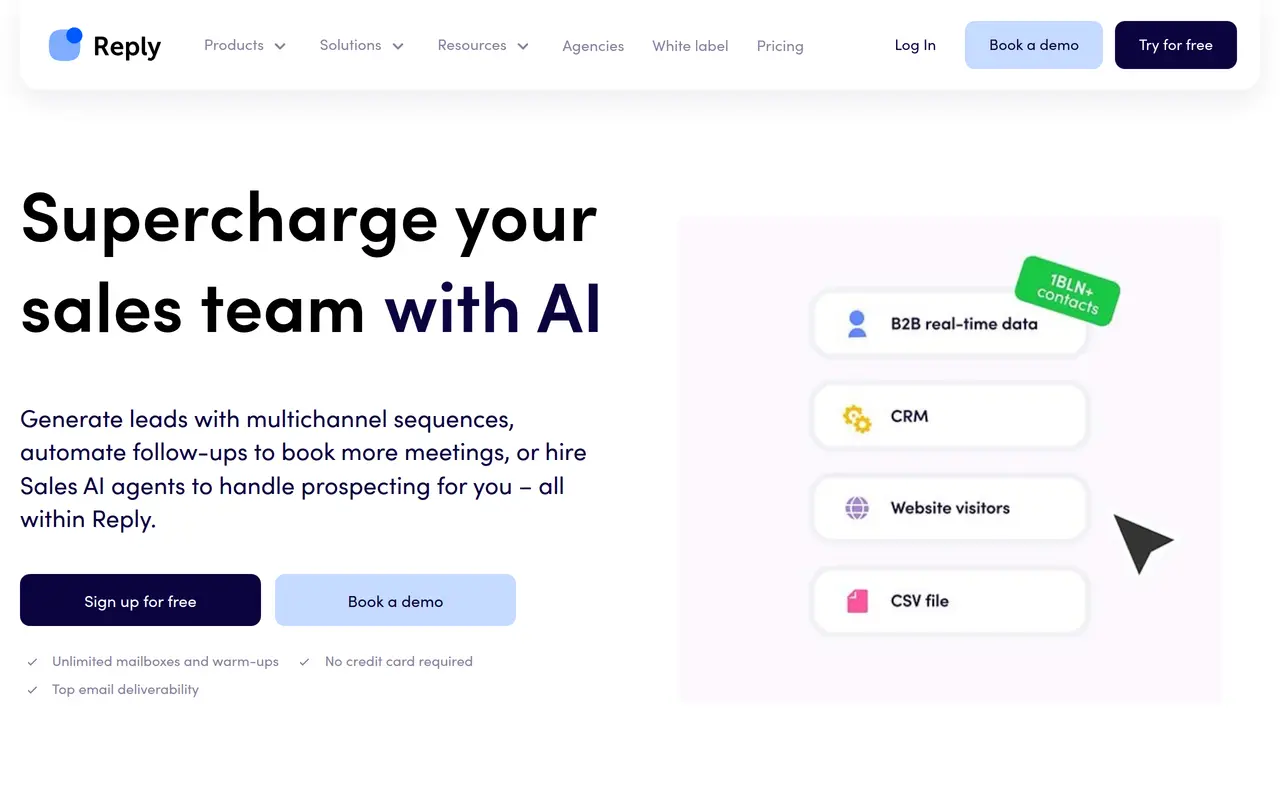 The Reply homepage at reply.io