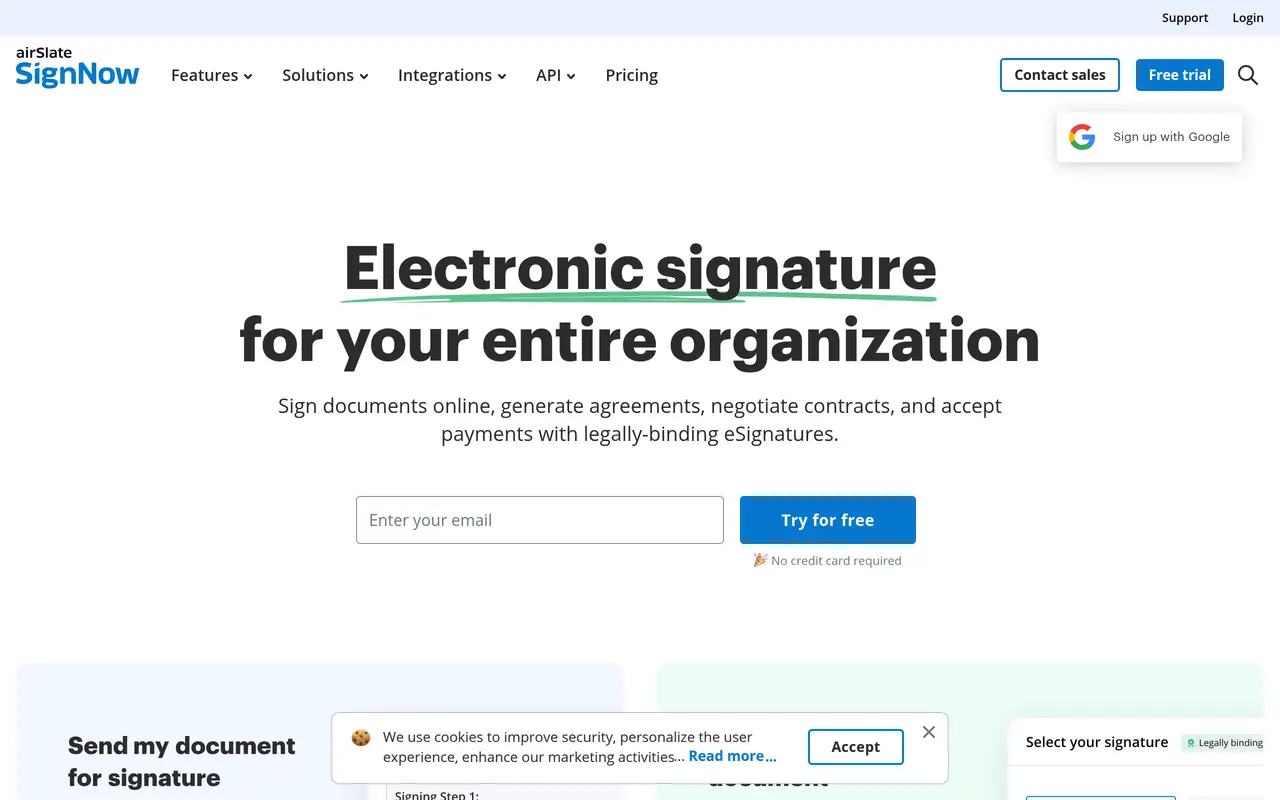 The signNow homepage at www.signnow.com