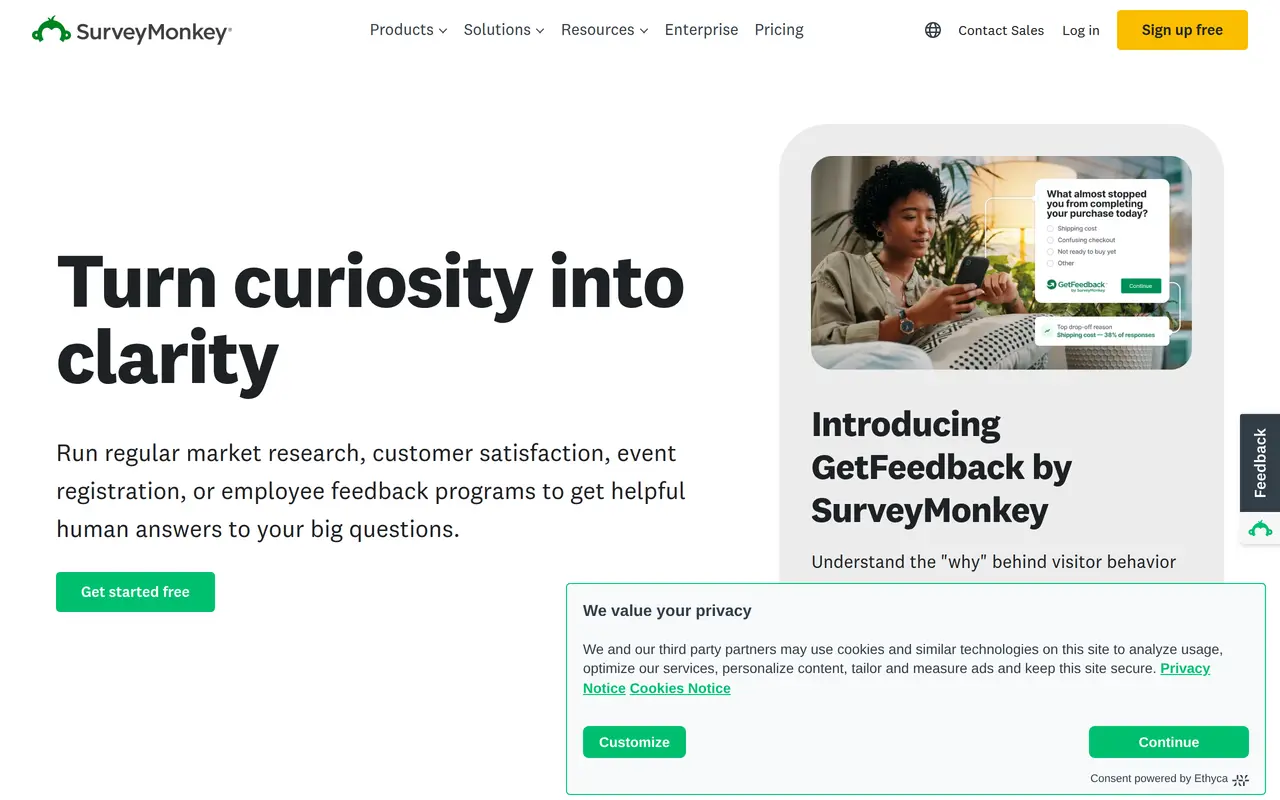 The SurveyMonkey homepage at www.surveymonkey.com