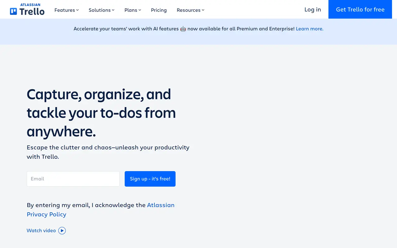 The Trello homepage at trello.com