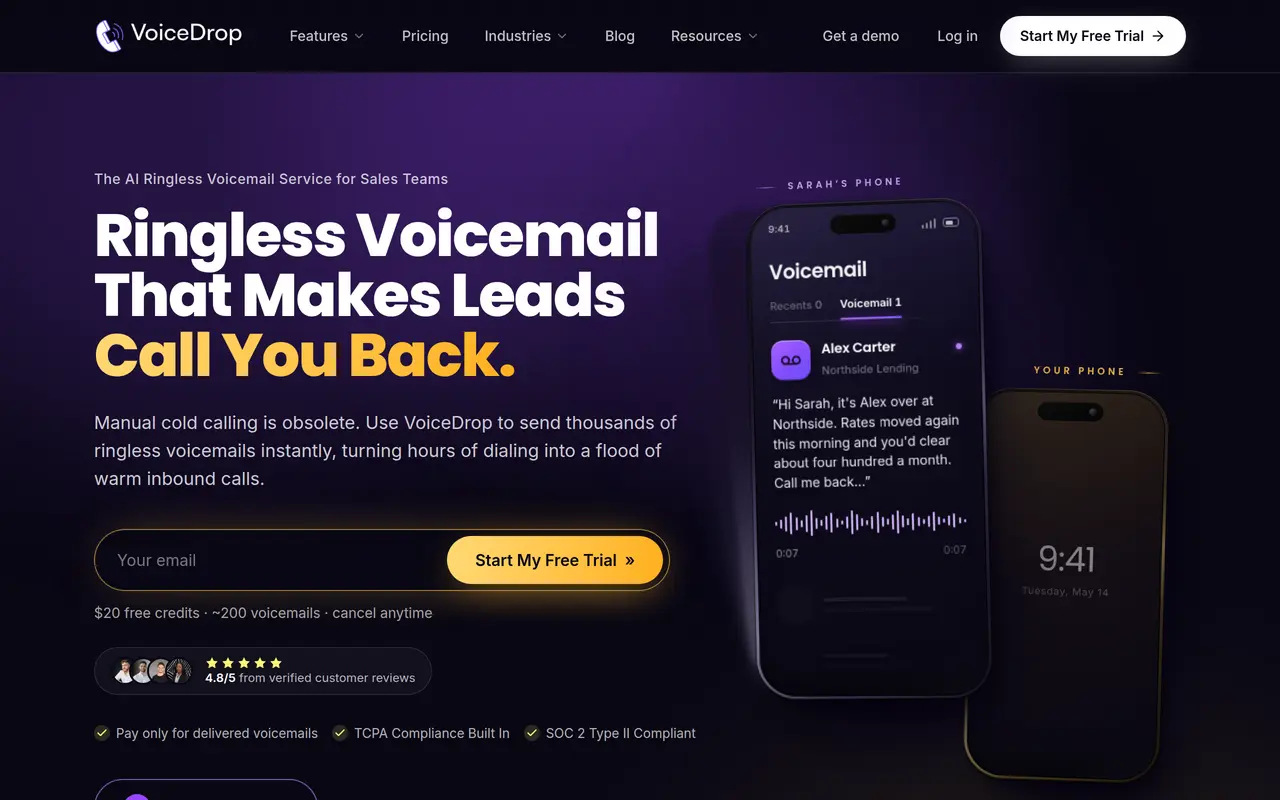 The VoiceDrop homepage at www.voicedrop.ai