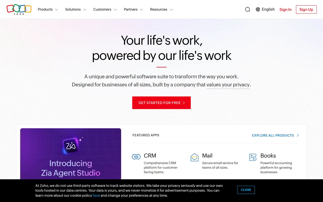 The Zoho homepage at www.zoho.com