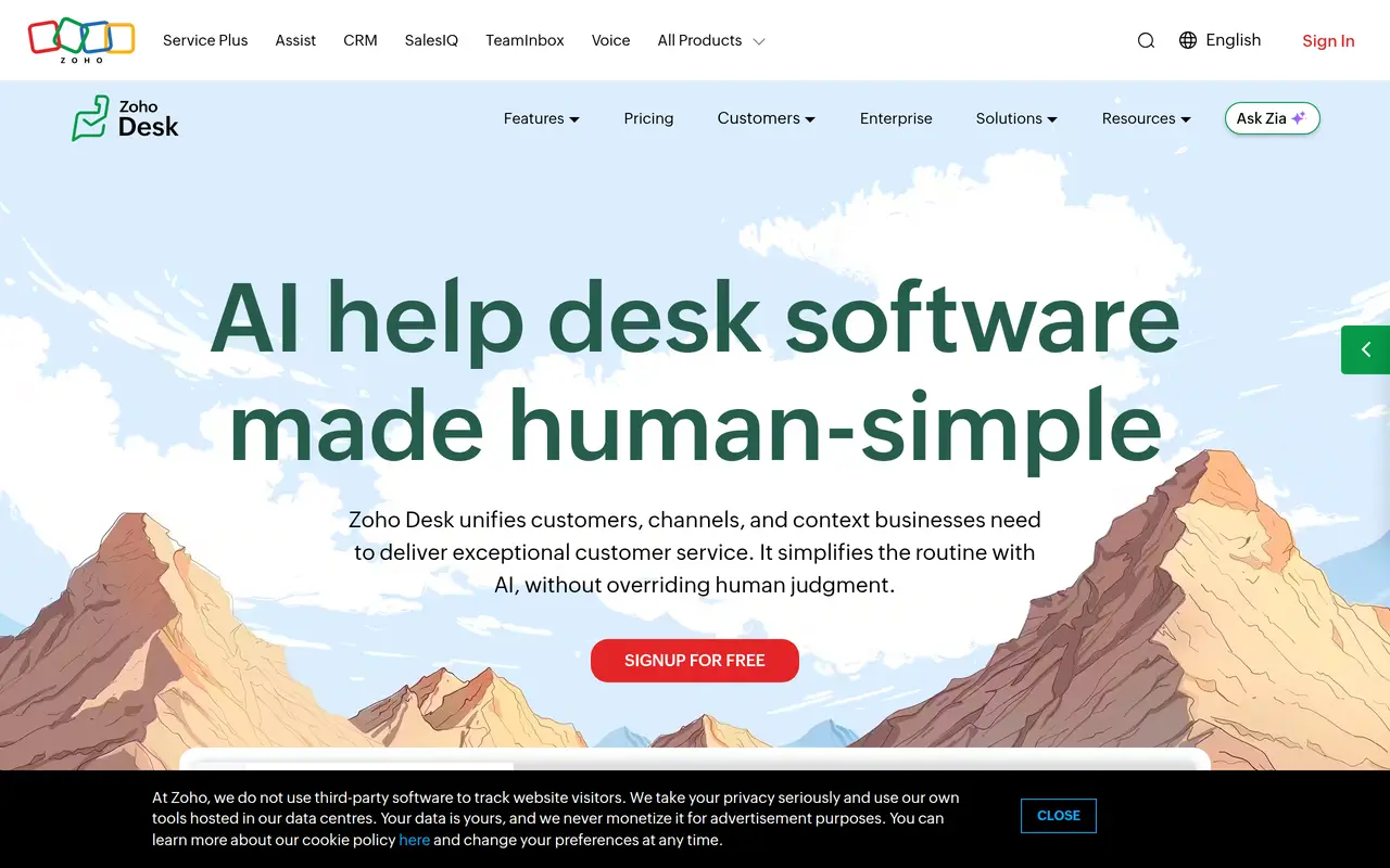 The Zoho Desk homepage at www.zoho.com