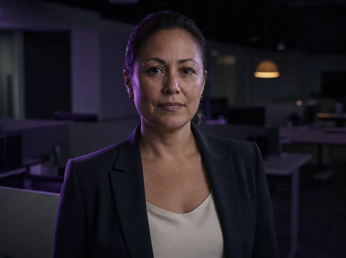 A sales leader stands in a dark office at night, chin lifted, quietly confident.