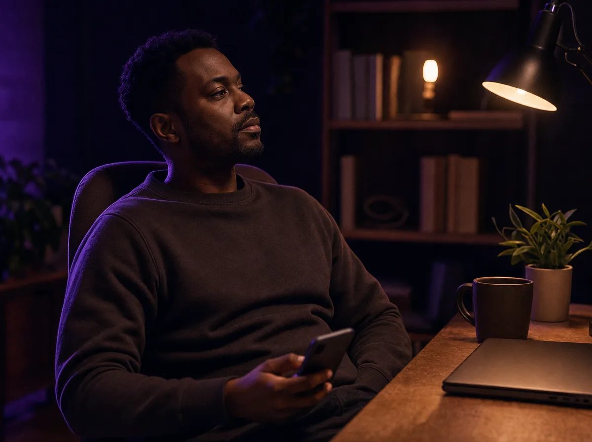 A creator works late at a warm home desk, leaning back with a phone in hand.