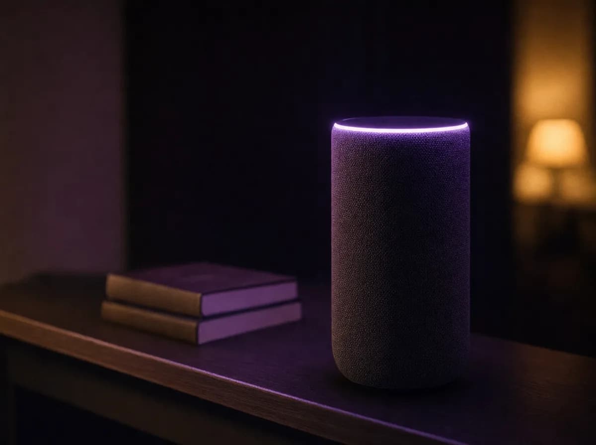 A fabric-covered smart speaker on a dark shelf with a soft glowing light ring.