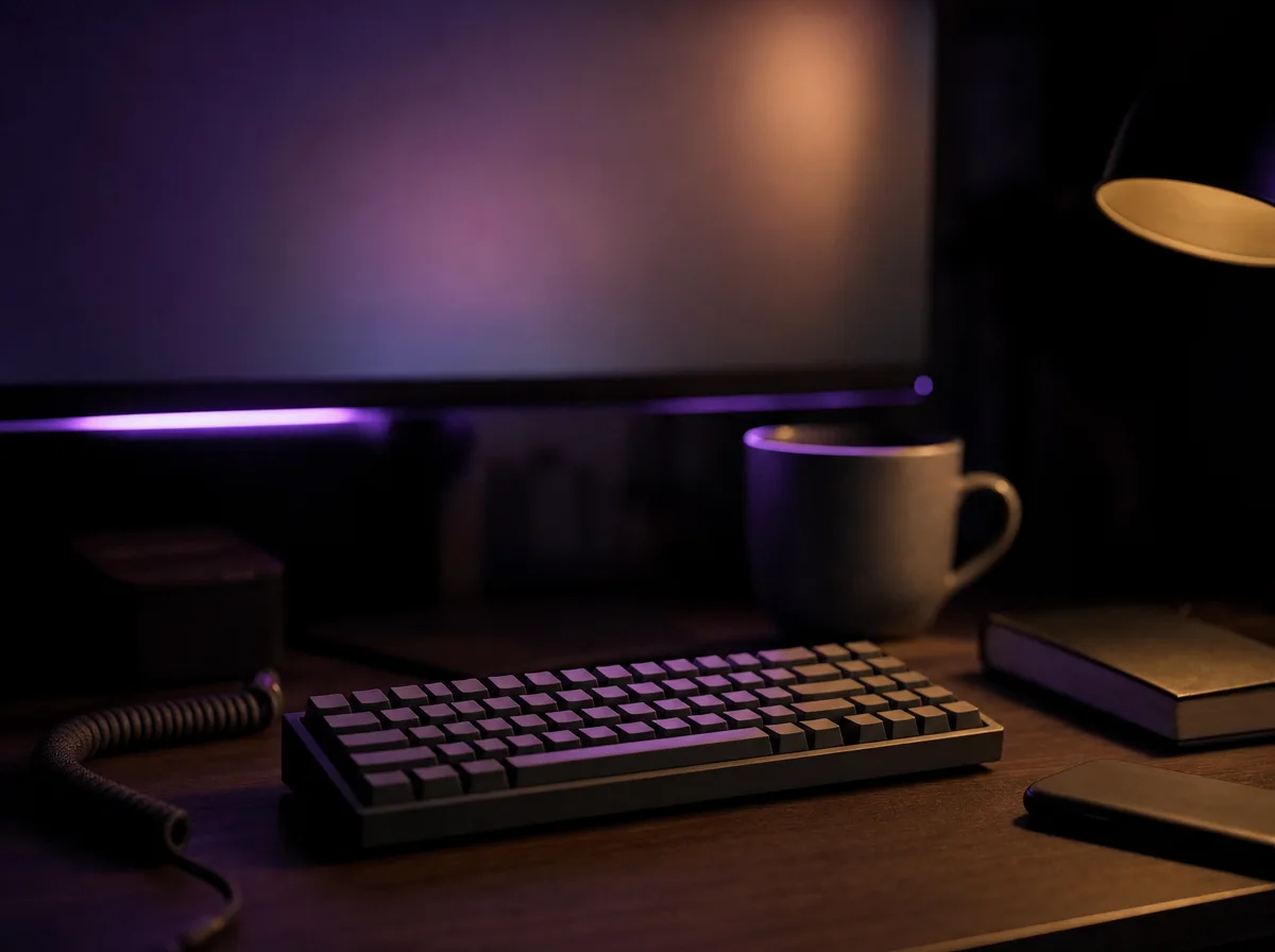 A developer's dark desk at night: mechanical keyboard, mug and an out-of-focus monitor.