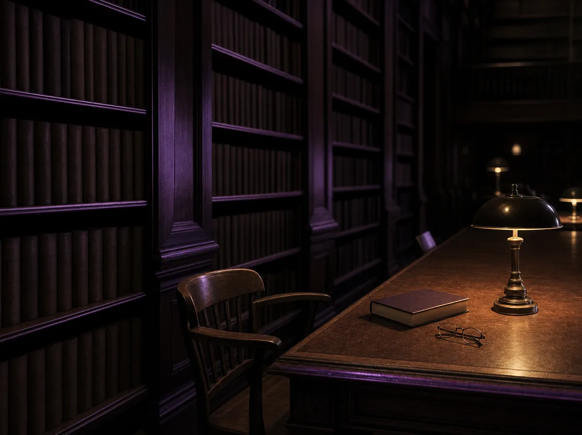 A law library at night: dark shelves of unmarked bound volumes under a single lamp.