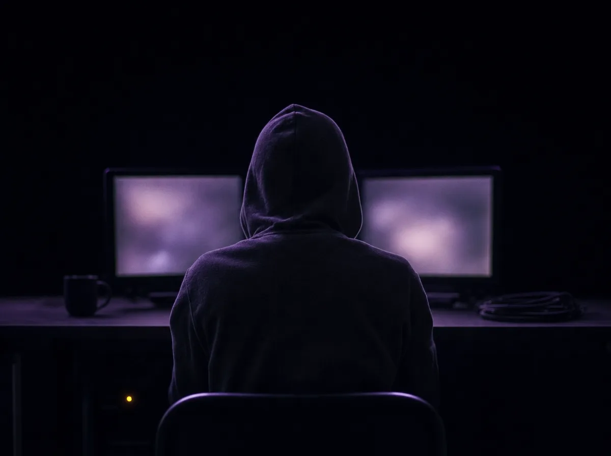 A security researcher seen from behind in a dark room lit only by monitor glow.