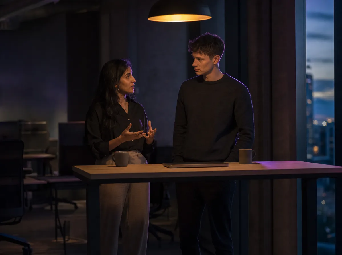 Two colleagues talk at a standing desk by a window at dusk in a quiet office.