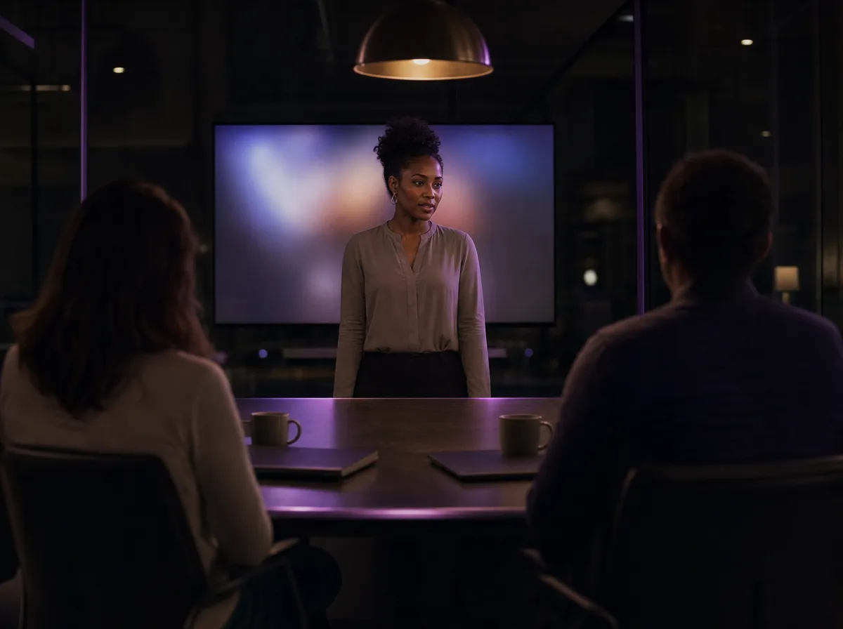 A woman presents to two colleagues in a dark meeting room, the display out of focus.
