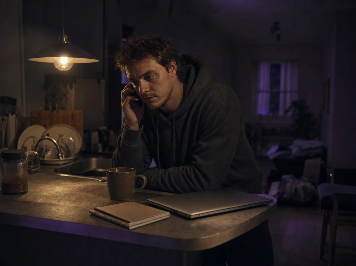 A young founder works late at a kitchen counter with a phone and a closed laptop.
