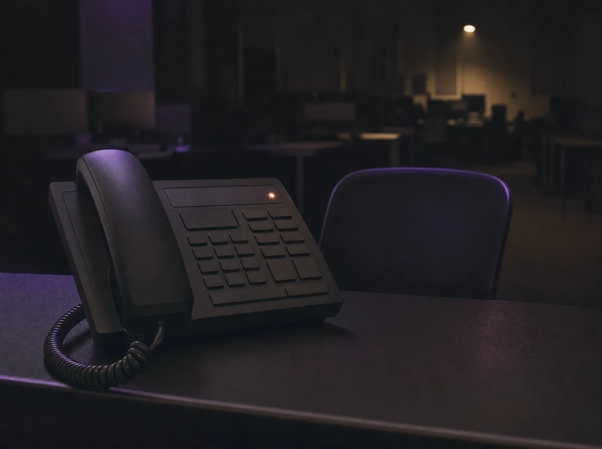 A phone glows on an empty desk in a dark office as an unanswered call comes in at night.