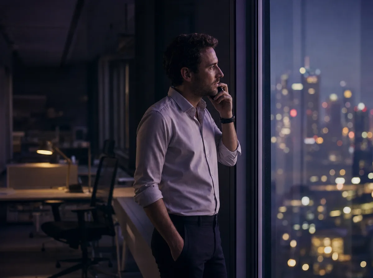 An account executive takes a call standing at a window in a dark office at dusk.