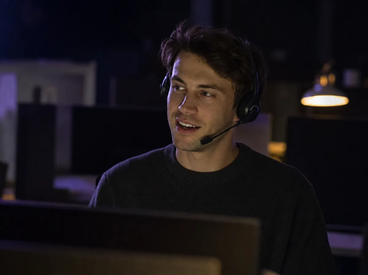 Close portrait of a sales rep in a headset lit by monitor glow, mid-smile.
