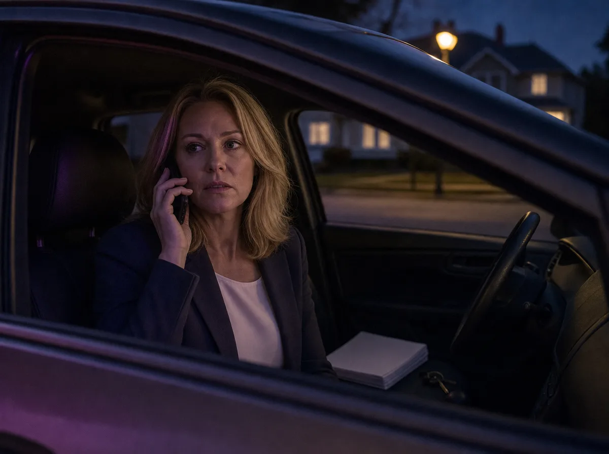 Real estate agent sits in her parked car outside a house at dusk taking a call.