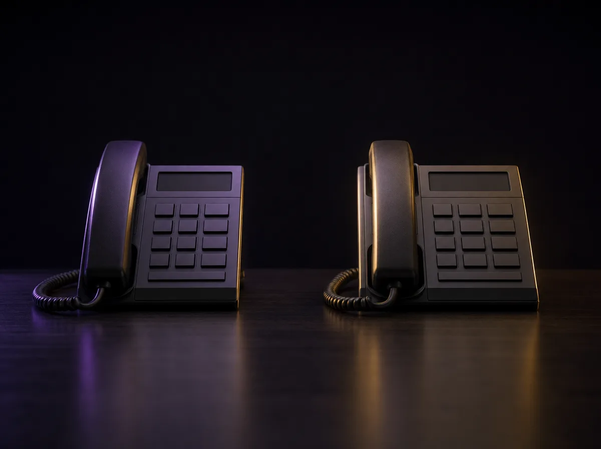 Two identical desk phones side by side on a dark table, one lit violet and one gold.