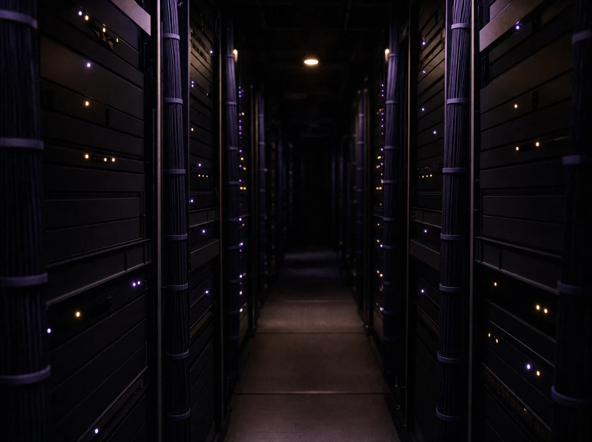 Rows of telecom server racks at night lit by small amber and violet indicator lights.