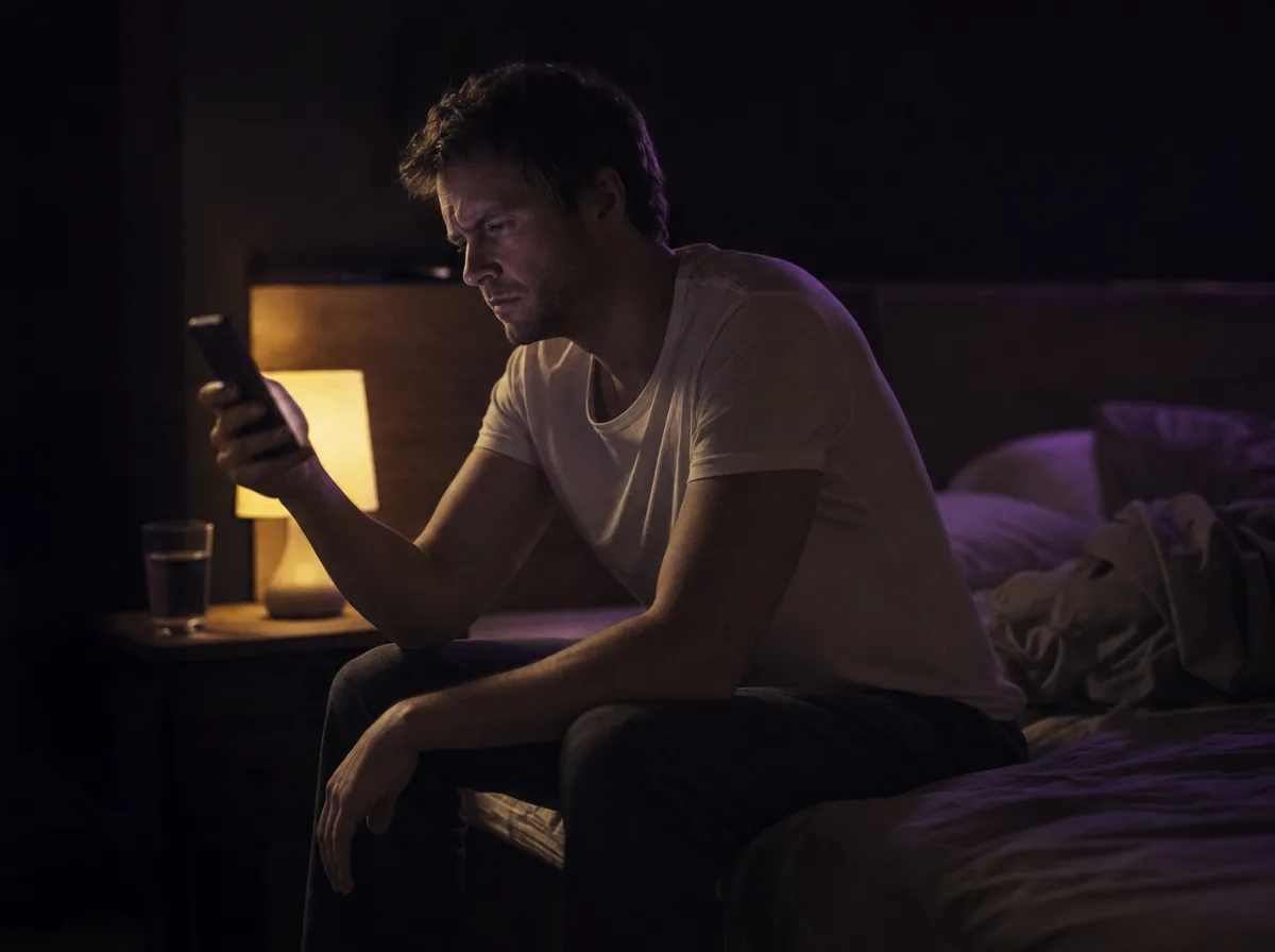 A man sits on the edge of his bed at night frowning at his phone under a lamp.