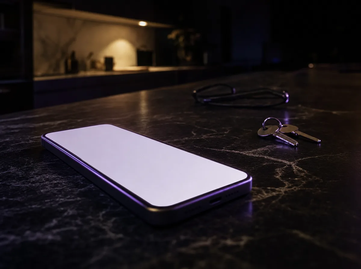 A plain unbranded smartphone face-up on a dark marble counter with a glowing blank screen.