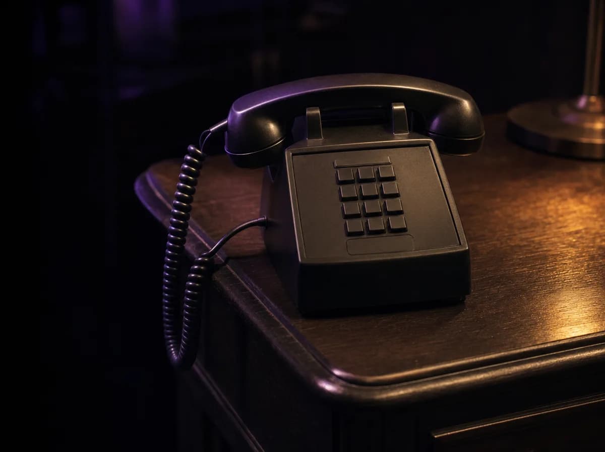 A desk phone handset resting in its cradle on a dark desk under one lamp.