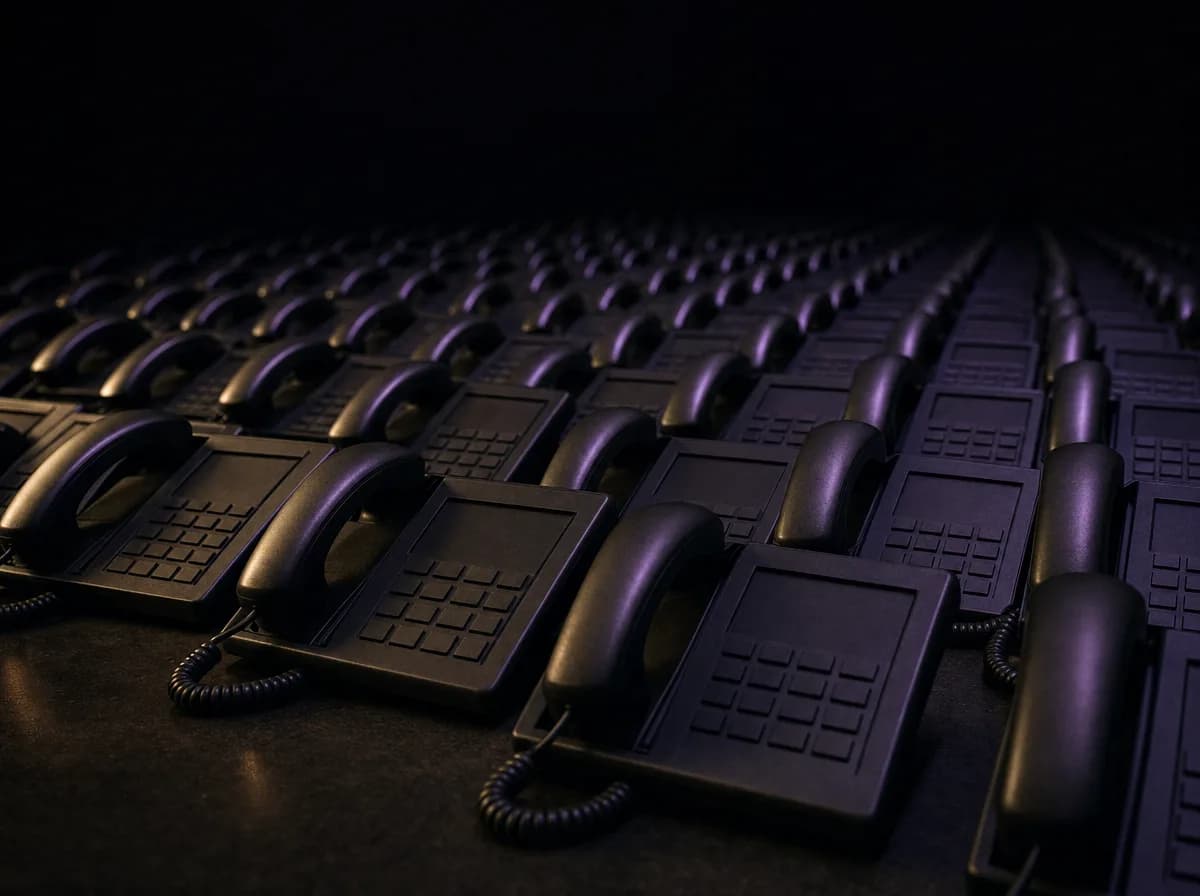 Dozens of identical black desk phones arranged in a grid receding into darkness.