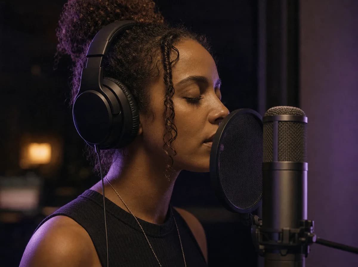 A singer in large headphones leans into a studio microphone with her eyes closed.